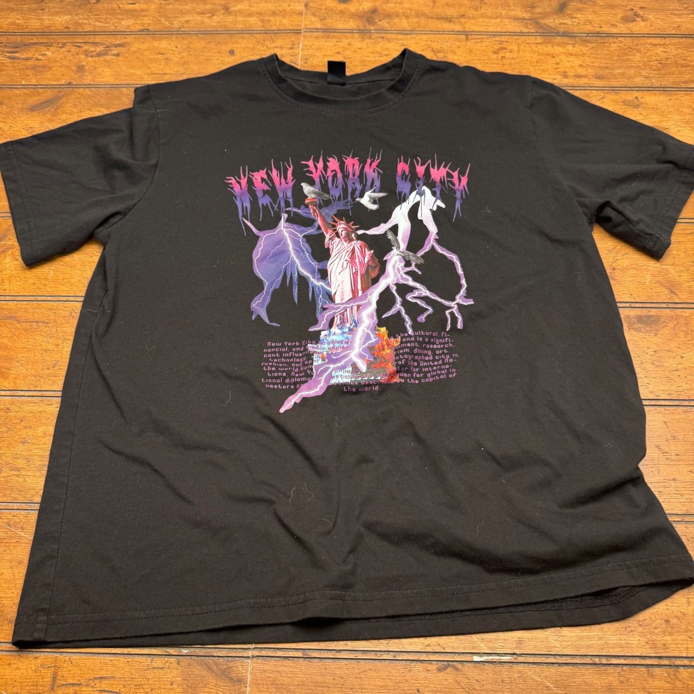 Romwe Mens New York City Statue of Liberty Lightning Graphic T-Shirt Black Small